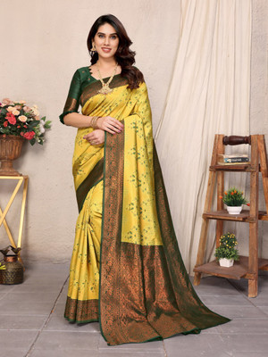 DIVINE JUNCTION WEAR Self Design Banarasi Satin Saree(Yellow)