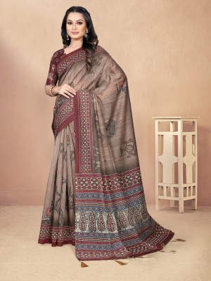 Saanvi Fashion Fab Printed Bollywood Cotton Blend Saree(Brown)