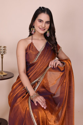 saanvi Solid/Plain, Embellished Bollywood Chiffon Saree(Gold)