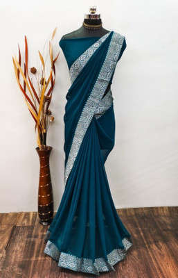 Aika Solid/Plain Bollywood Georgette Saree(Dark Blue)