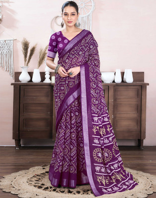 Samah Embellished, Printed Daily Wear Linen, Cotton Blend Saree(Purple)