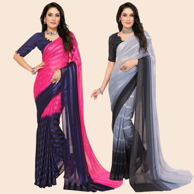 kashvi sarees Striped, Color Block Bollywood Satin Saree(Pack of 2, Pink, Blue, Grey, Black)