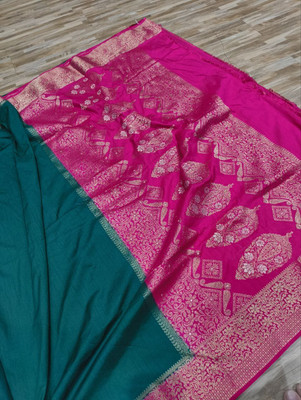 SAIF SAREES Dyed, Woven, Solid/Plain Banarasi Raw Silk Saree(Dark Green, Pink)