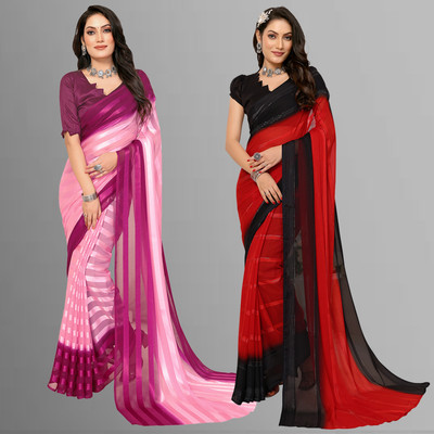 Anand Sarees Striped Bollywood Satin Saree(Pack of 2, Purple, Pink, Black, Red)