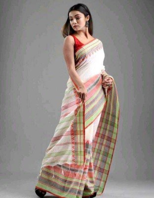 Maatarasaree Printed Tant Cotton Blend Saree(White)