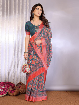 Soor Panchi Digital Print Bandhani Cotton Linen Saree(Orange)