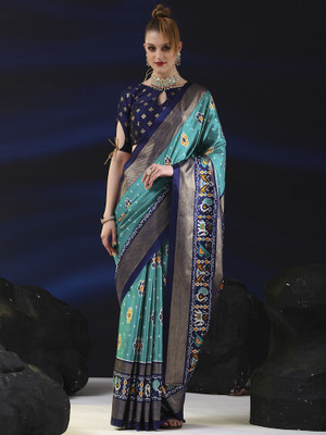 Sareemall Printed Pochampally Silk Blend Saree(Light Blue)