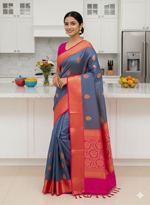 Kalika Fashion Woven, Self Design Kanjivaram Pure Silk Saree(Blue, Pink)