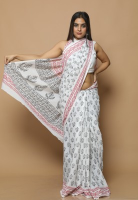 SHIVANYA HANDICRAFTS Printed Bollywood Pure Cotton Saree(White)