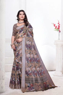 Mugdarra Floral Print Bollywood Silk Blend Saree(Cream)