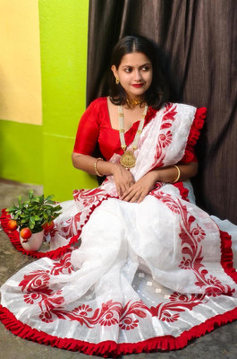 SRIJA BOUTIQUE Floral Print Bollywood Cotton Blend Saree(White)