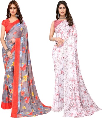 YASHIKA Floral Print Daily Wear Georgette Saree(Pack of 2, Red, Pink)