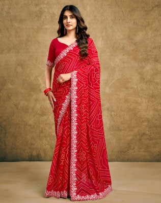 SIRIL Printed, Embellished, Self Design Bandhani Georgette, Lace Saree(Red)