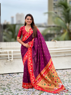 SICHYAH Woven, Self Design Paithani Pure Silk Saree(Magenta, Red)