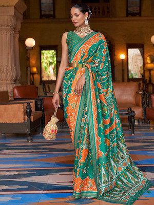 ANOUK Embellished Patola Silk Blend Saree(Light Green)