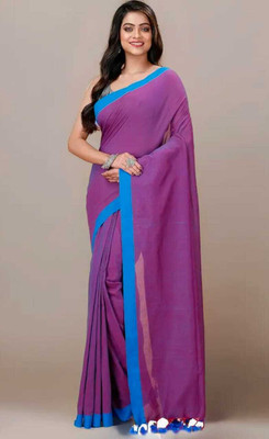 Pal Saree Senter Solid/Plain Bollywood Khadi, Pure Cotton Saree(Purple, Blue)
