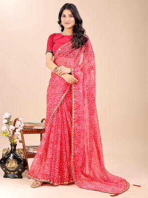 Divastri Printed Bandhani Polyester, Georgette Saree(Red)