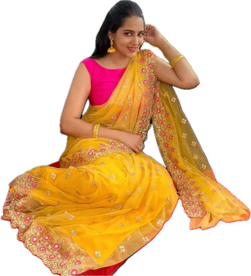 ShivGori Embroidered Bollywood Net Saree(Yellow)