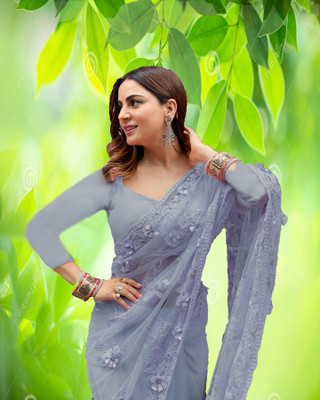 KENOFY SAREES Embroidered Bollywood Net Saree(Grey)