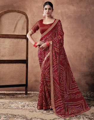 Siril Printed, Geometric Print, Embellished Bandhani Georgette, Chiffon Saree(Red, Multicolor)