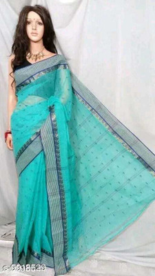 BiswasTextiles Polka Print Tant Pure Cotton Saree(Blue)