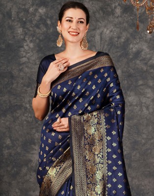 Samah Woven, Embellished, Self Design Banarasi Silk Blend, Jacquard Saree(Blue, Gold)