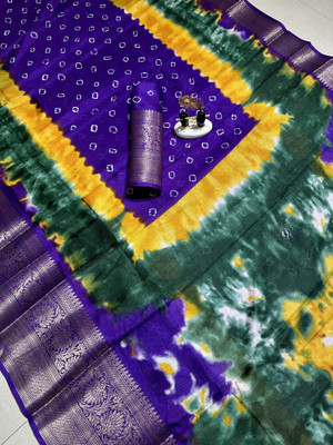 Anuradha Enterprise Embellished, Woven, Color Block Bandhani Silk Blend Saree(Purple)