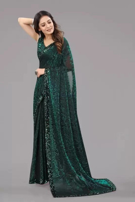 KISHVA Embellished Bollywood Lycra Blend Saree(Green)