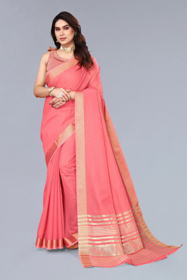 BFM Solid/Plain, Woven, Self Design Saree with Attached Blouse Linen Saree(Pink)
