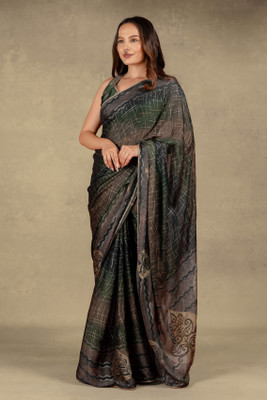 MIRCHI FASHION Printed, Checkered Bollywood Chiffon, Georgette Saree(Dark Green, Black, Brown)