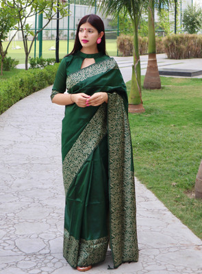 Bansari Textiles Printed Banarasi Jacquard Saree(Dark Green)