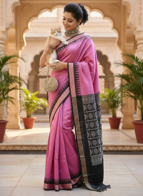 Afronza Temple Border, Solid/Plain, Self Design Sambalpuri Silk Blend, Pure Silk Saree(Pink, Black)