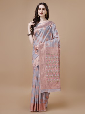 Magmina Woven, Embellished, Self Design, Geometric Print, Floral Print Banarasi Cotton Linen, Cotton Silk Saree(Multicolor)