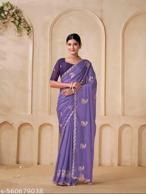 BELLETRENDZ Embroidered Bollywood Georgette Saree(Purple)