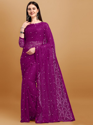 LOROFY Embellished Lucknow Chikankari Net, Lycra Blend Saree(Dark Blue)