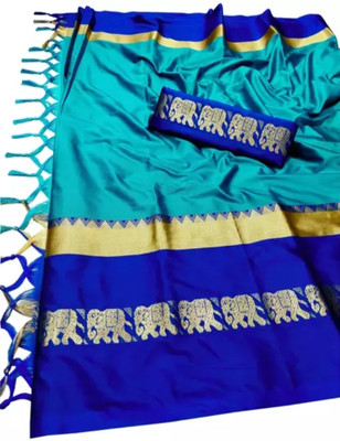 Vishal Creations Solid/Plain Assam Silk Cotton Silk Saree(Dark Blue)