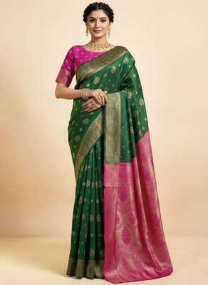 Fabbarries Woven, Self Design Banarasi Pure Silk Saree(Multicolor, Dark Green, Pink, Gold)