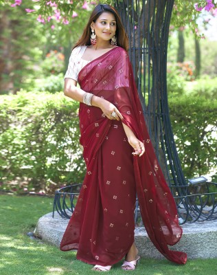 SIRIL Dyed, Embellished Bollywood Georgette Saree(Maroon, White)