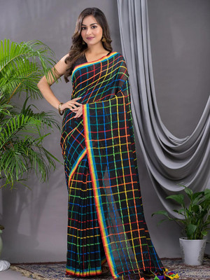 Lakshmi Boutique Checkered Daily Wear Mulmul Saree(White, Multicolor)