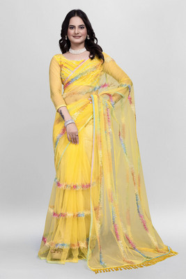 Aika Embroidered Bollywood Net Saree(Yellow)