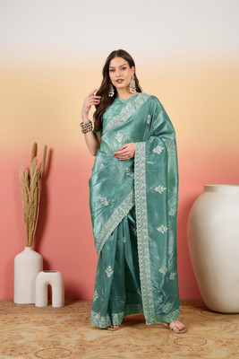 ShopGlobal Embroidered Banarasi Pure Silk Saree(Dark Green)