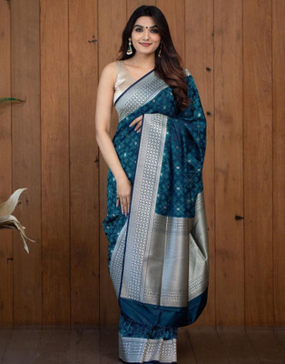 Samah Woven, Embellished, Self Design Banarasi Art Silk Saree(Blue, Silver)