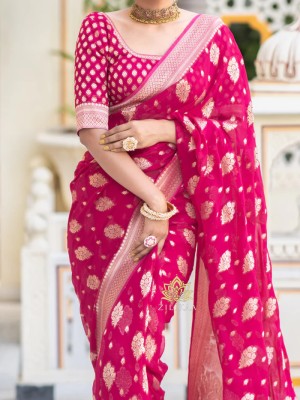 ShivGori Woven Banarasi Silk Blend Saree(Pink)