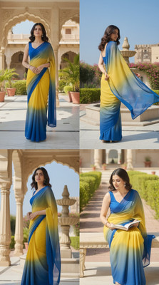 KEE Color Block Bollywood Georgette Saree(Yellow, Blue)
