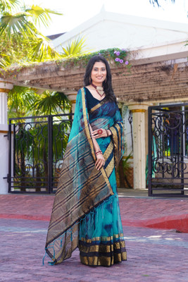 Aarunika MT Solid/Plain Bollywood Organza Saree(Blue)