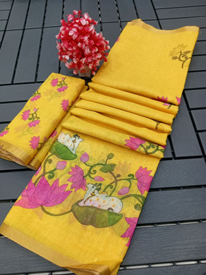 PRTRENDZ Printed Kanjivaram Pure Cotton, Cotton Linen Saree(Yellow)