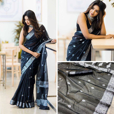 HouseOfCommon Printed Bollywood Cotton Linen Saree(Black)