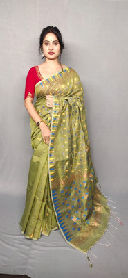 Rabi Saree and Textile center Solid/Plain Handloom Cotton Silk Saree(Light Green)