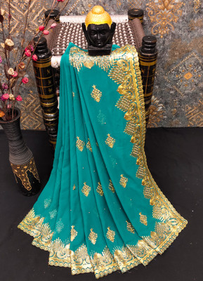 MIYANIFAB Embroidered, Floral Print Bollywood Georgette Saree(Light Blue)