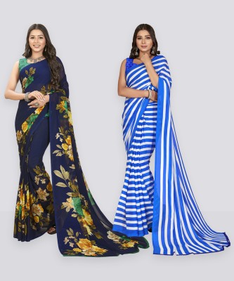 Anand Sarees Printed, Paisley, Ombre, Striped, Geometric Print, Animal Print, Floral Print, Checkered Daily Wear Georgette Saree(Pack of 2, Dark Blue)